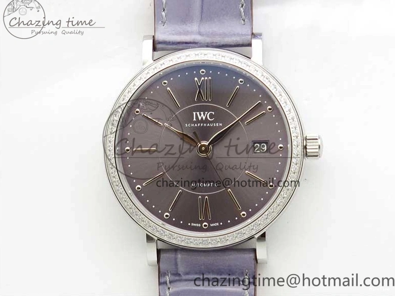 MIROTIME 0510 Attractive Portofino 37mm SS V7F 1:1 Best Edition Gray Dial Diamonds Bezel on Gray Leather Strap A 7091